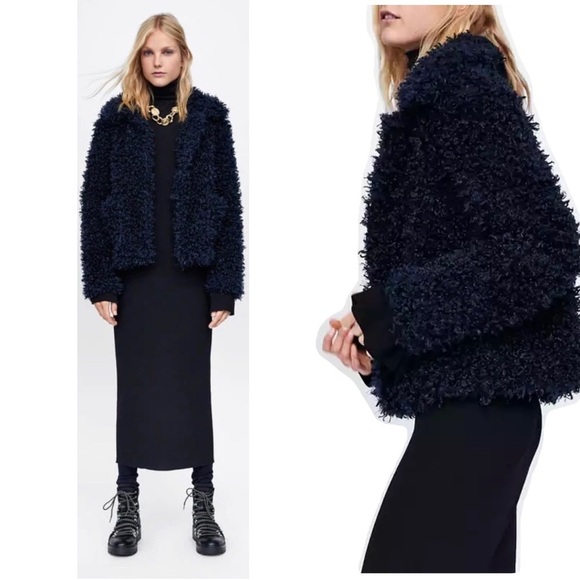Zara navy blue faux shearling fur teddy jacket coat Sz S - Picture 3 of 13